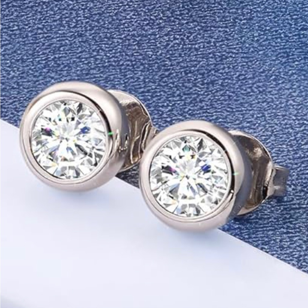 Genuine Certified 2 Carat Bezel Set Diamond 18k White Gold Stud Earrings Unisex